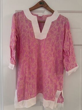 Pink Embroidered V-Neck Swim Coverup Tunic